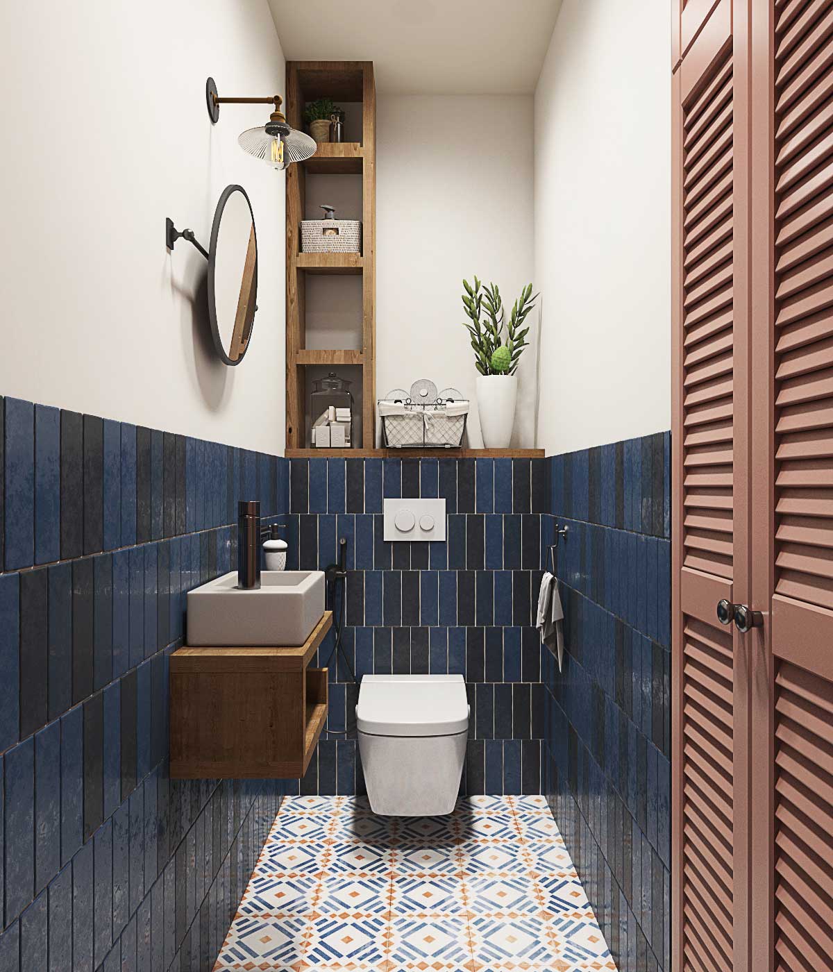 Лофтовый туалет с синей плиткой. Узор на полу плитку. Место хранения в туалете.