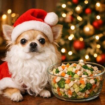 Чихуа-хуа в новогодней шапке Санты и бороде Деда Мороза рядом с праздничным салатом Оливье для собак из мяса и овощей на фоне украшенной елки и гирлянд.