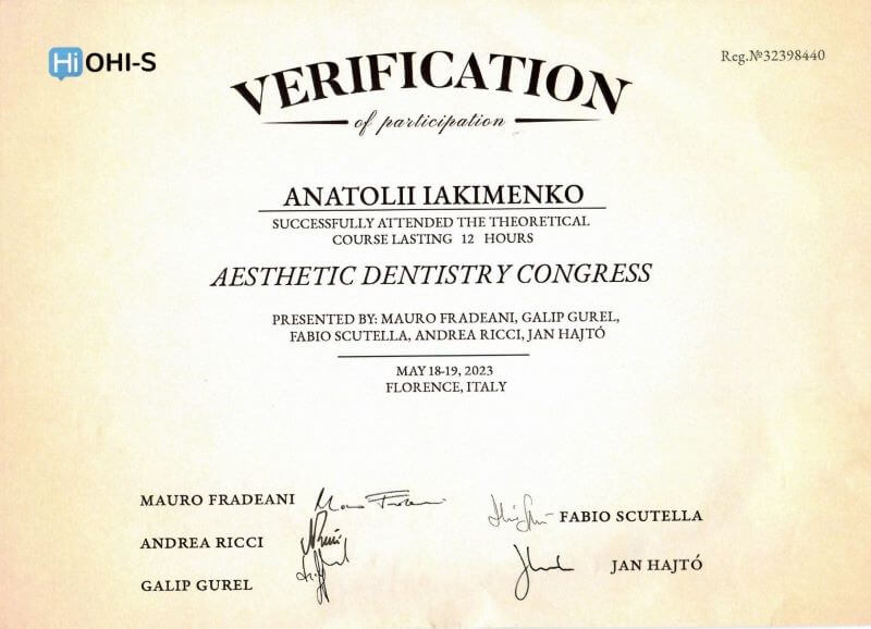 Aesthetic Dentistry Congress — теоретический курс 12 часов, лекторы Mauro Fradeani, Galip Gurel, Fabio Scutella, Andrea Ricci, Jan Hajtó, Флоренция, 18–19 мая 2023