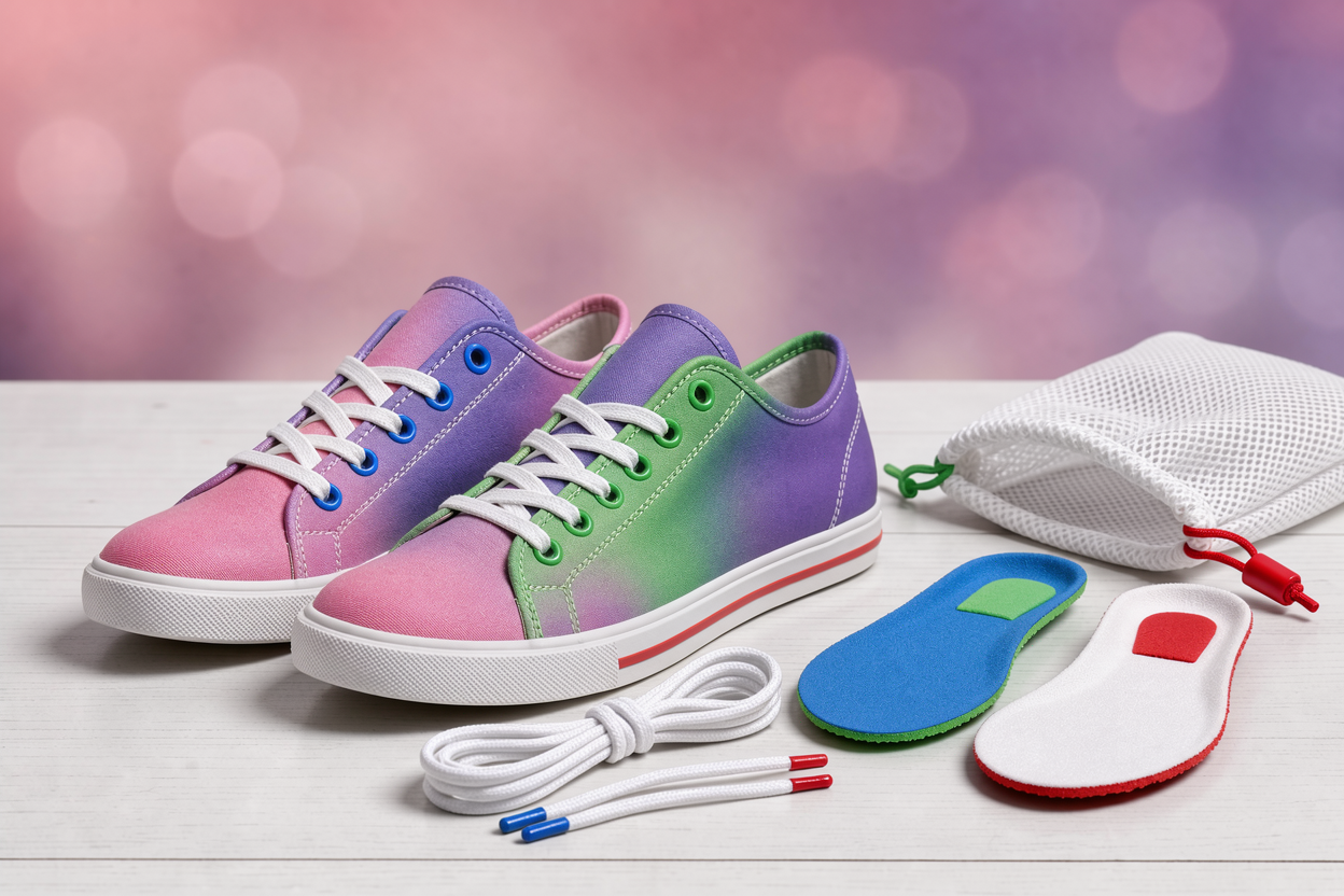 close-up of two fabric sneakers with laces removed and insoles beside them, placed next to a mesh laundry bag on a wooden floor, no brand logos