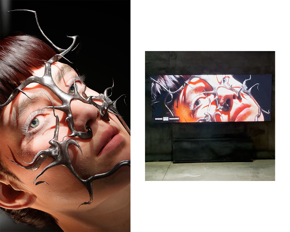 Металлическая маска на цифровом аватаре в работе художника. Также представлена на экране в рамках фестиваля.