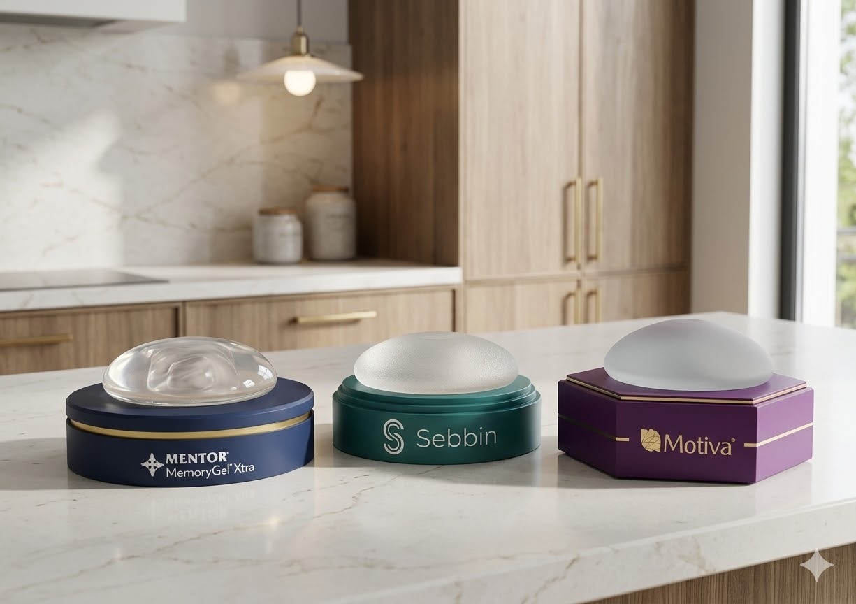 Three premium breast implants. From left to right: Mentor MemoryGel Xtra in a blue box, Sebbin in a green box, and Motiva in a purple box. The implants demonstrate different gel types and shell textures.