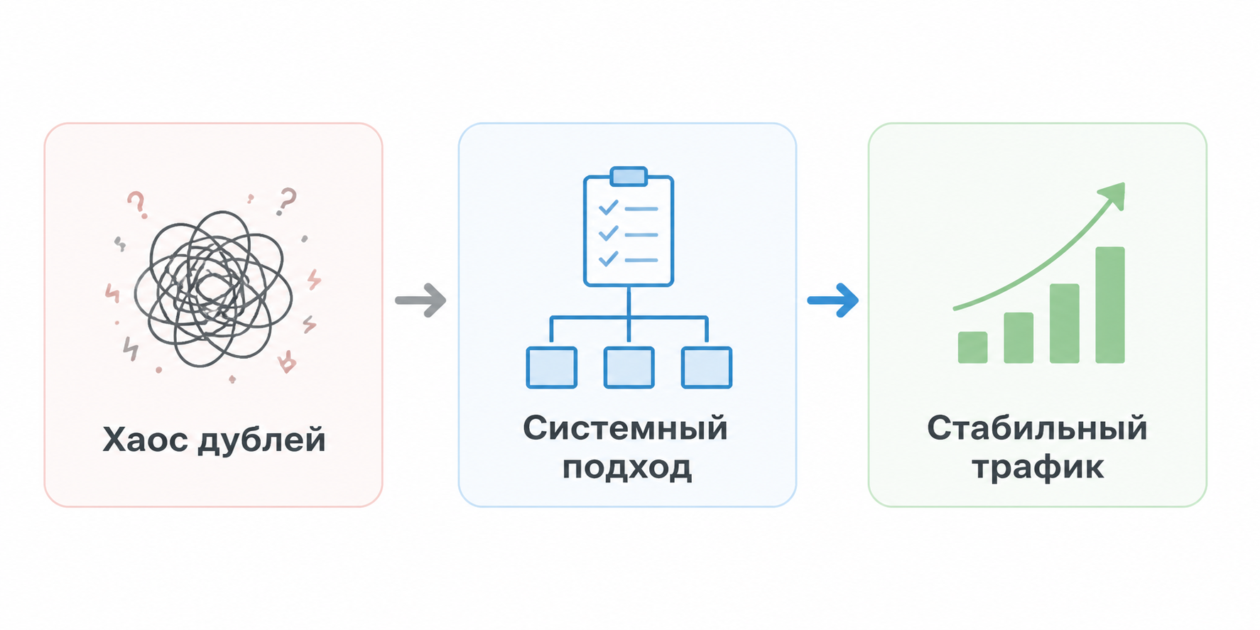 Итоговая схема: путь от хаоса дублей через системный подход к стабильному трафику