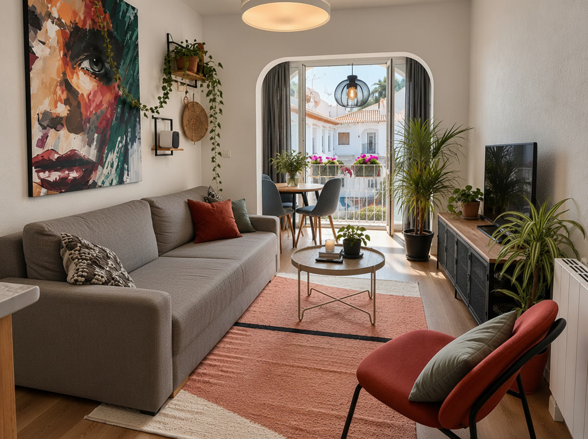 Salón con jardín renovado