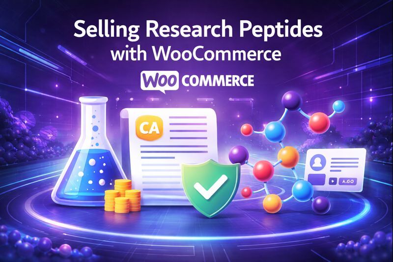 Futuristic illustration showing WooCommerce-based ecommerce infrastructure for selling research peptides online, with compliance documents, secure payments, and verification elements