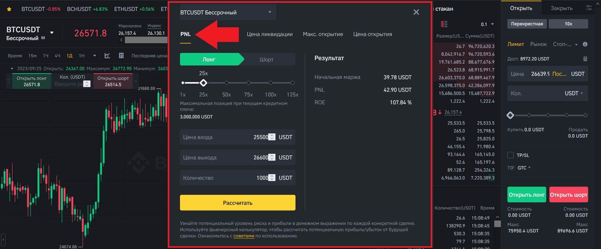 Калькулятор фьючерсов и PNL, Binance