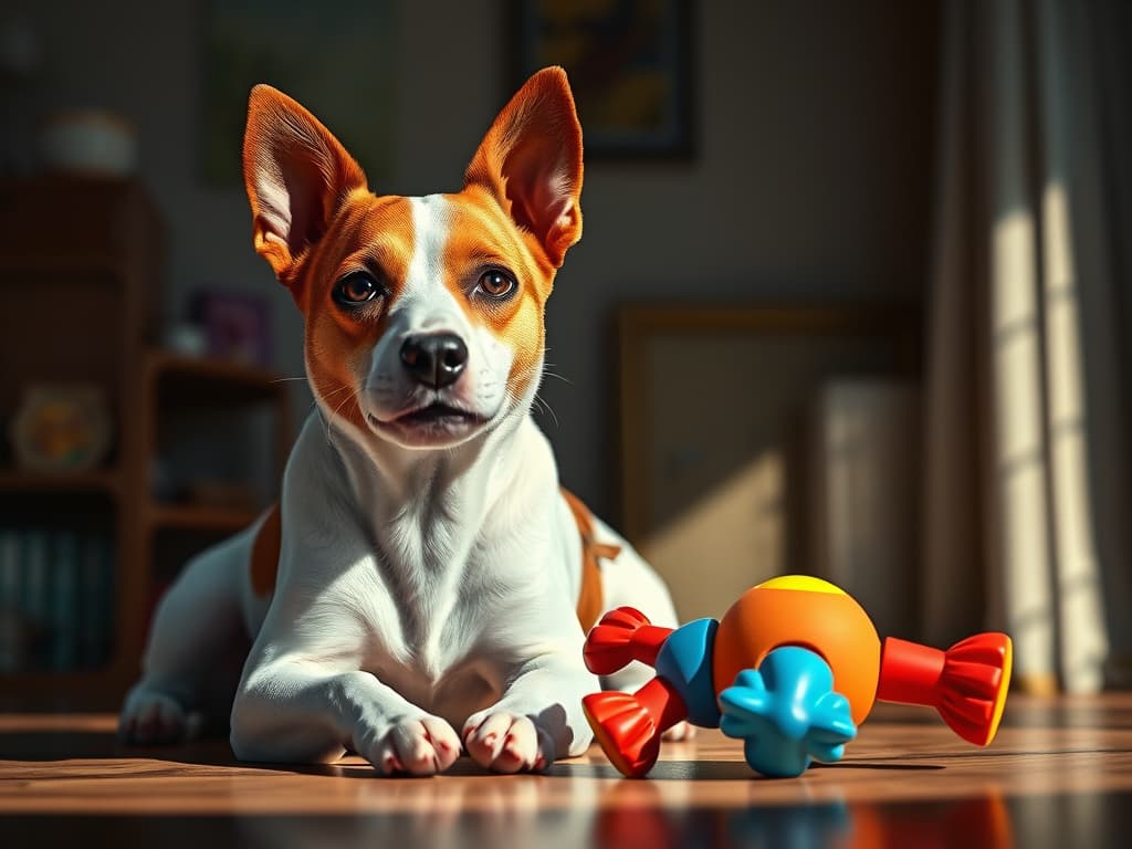 A Jack Russell Terrier sits in an apartment holding a toy in its mouth, looking playful, as if inviting someone to play