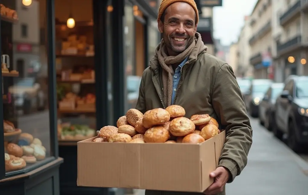 Фото улыбающегося покупателя забирающего вчерашнюю выпечку