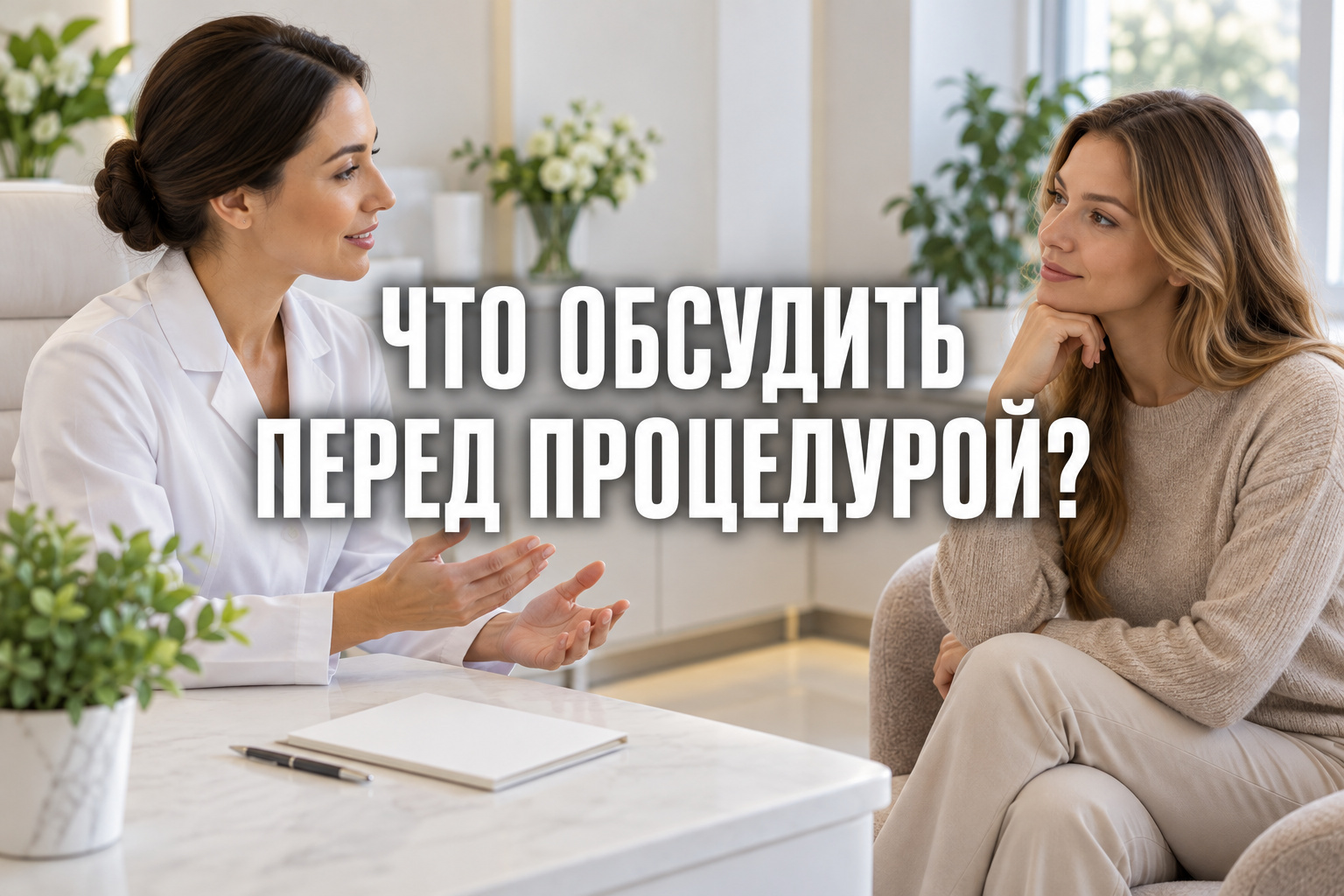 Обложка о консультации перед лазерной эпиляцией с крупной центрированной фразой «ЧТО ОБСУДИТЬ ПЕРЕД ПРОЦЕДУРОЙ?»