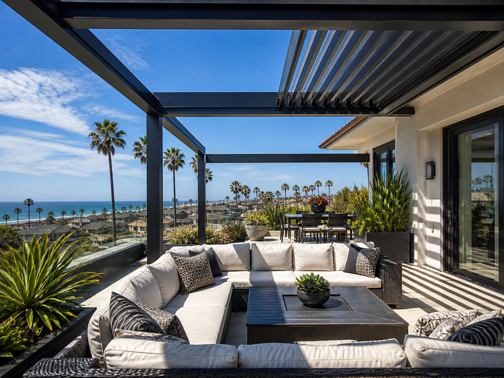 retractable roof pergola Irvine CA flexible backyard shade and open sky patio