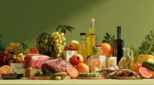 свежие продукты питание, фрукты, овощи, мясо, масла, зелень, на столе на зеленом фоне