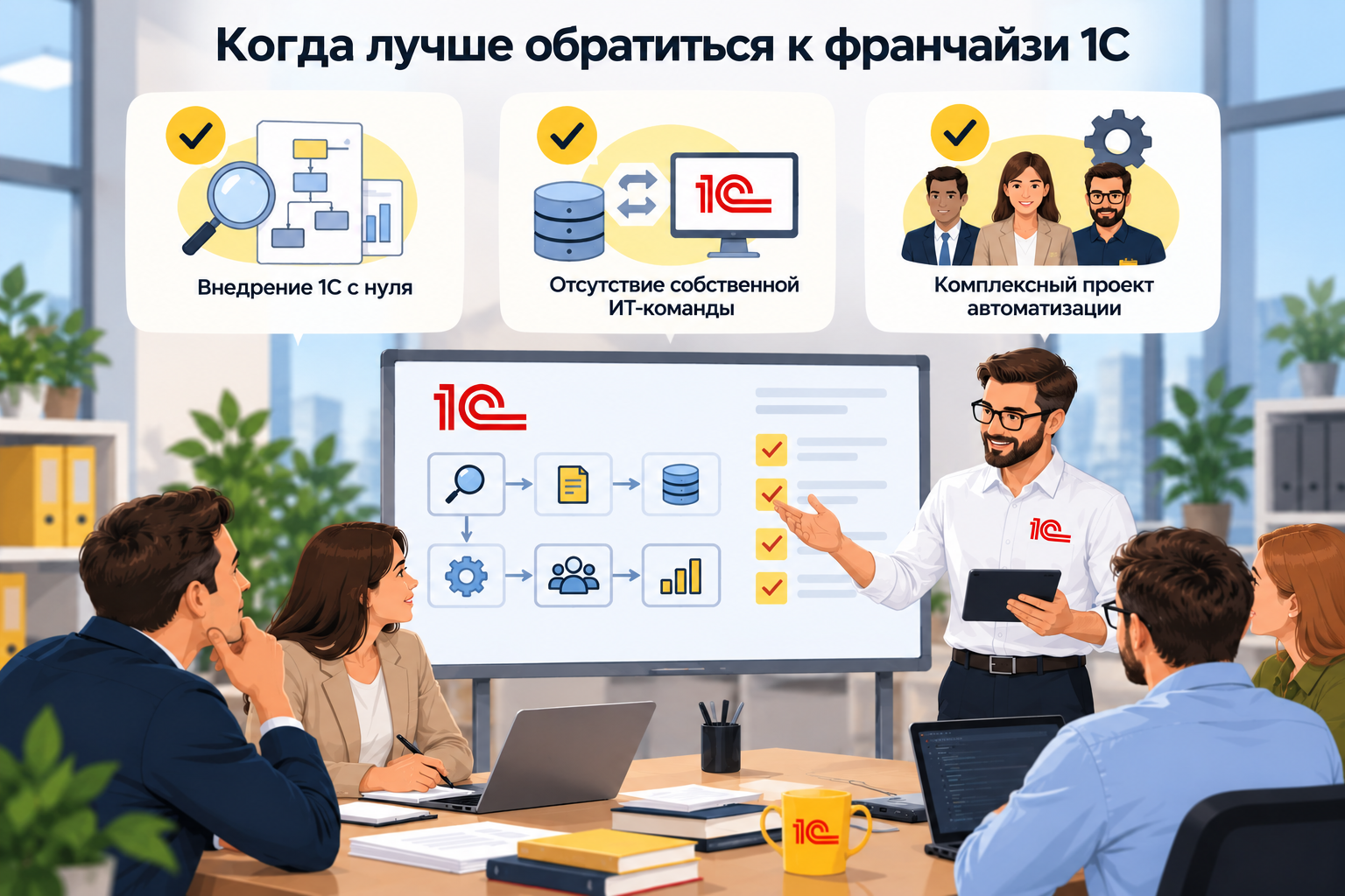 Когда лучше обратиться к франчайзи 1С: внедрение с нуля, отсутствие собственной ИТ-команды и комплексный проект автоматизации