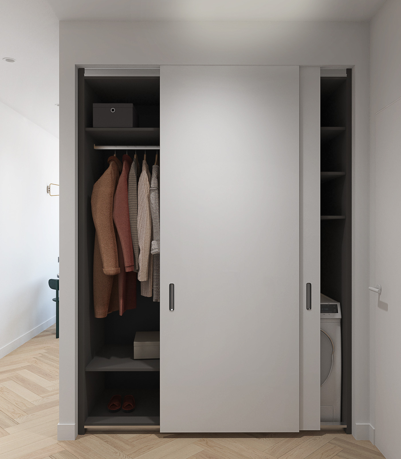 Шкаф в прихожей с раздвижными дверьми белого цвета. Хранение стиральной машины.