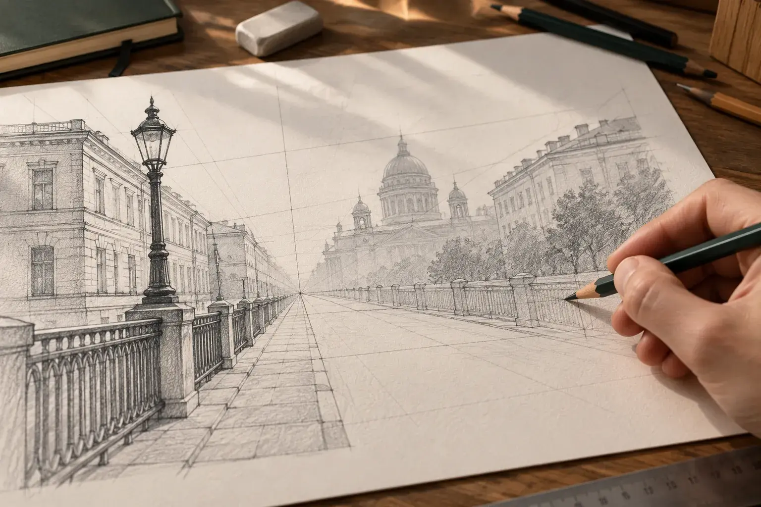 Линейная перспектива: линии горизонта и точка схода