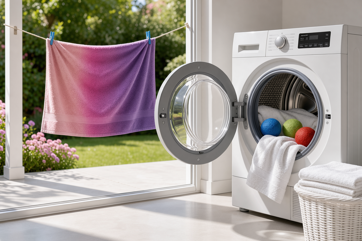 fluffy towels drying: one hanging on a sunlit clothesline outdoors in breeze, another inside an open dryer with wool dryer balls visible, clean laundry scene