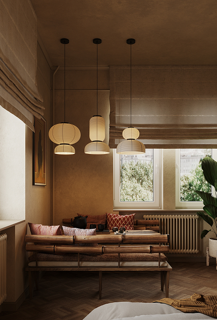 Дизайн кухни в светлых тонах в японском стиле с использованием бамбука