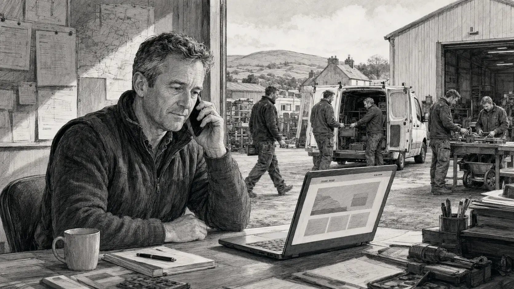 Black-and-white book illustration of a business owner viewing his old website while his team works outside.