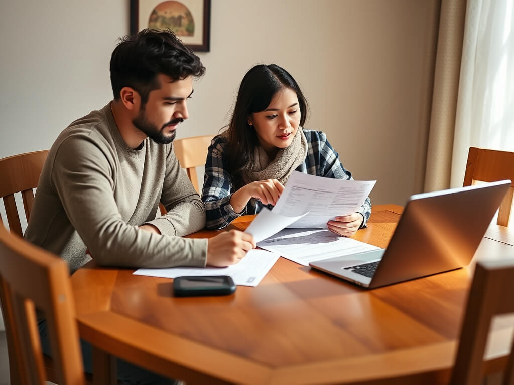 A family is gathered around a dining table, focused on their tax return. Parents are reading documents attentively while their adult son, dressed like a student, points to the laptop screen, helping them understand the details. The scene represents shared