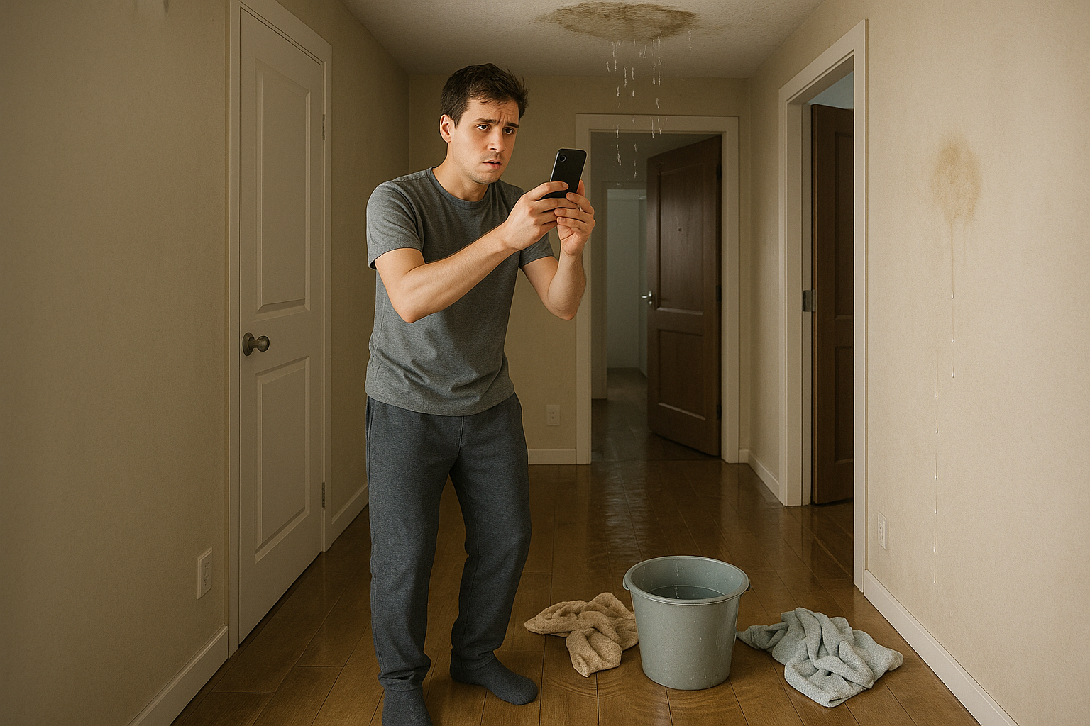 мужчина стоит в затопленной квартире