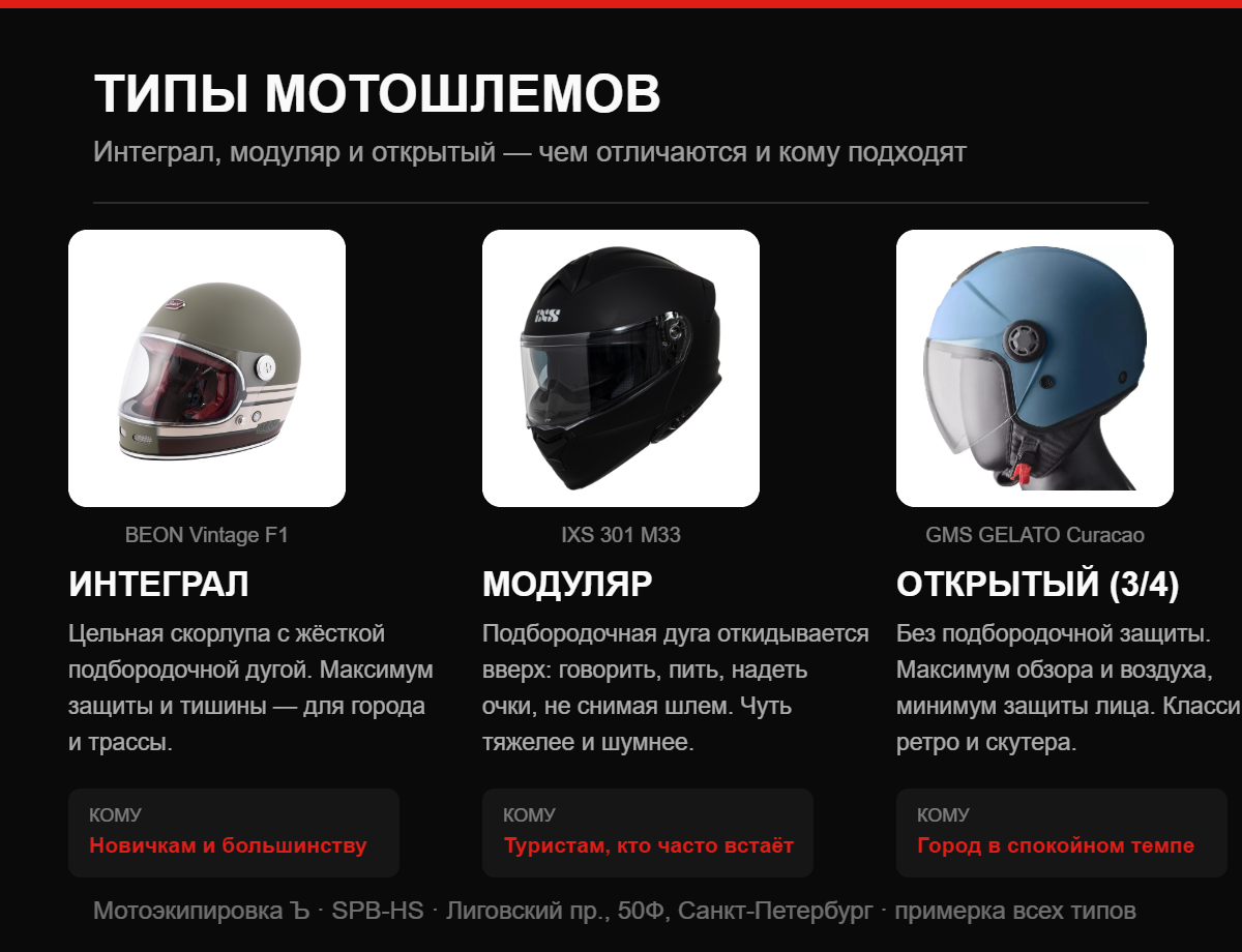 Типы мотошлемов: интеграл BEON Vintage F1, модуляр IXS 301 M33 и открытый GMS GELATO — сравнение