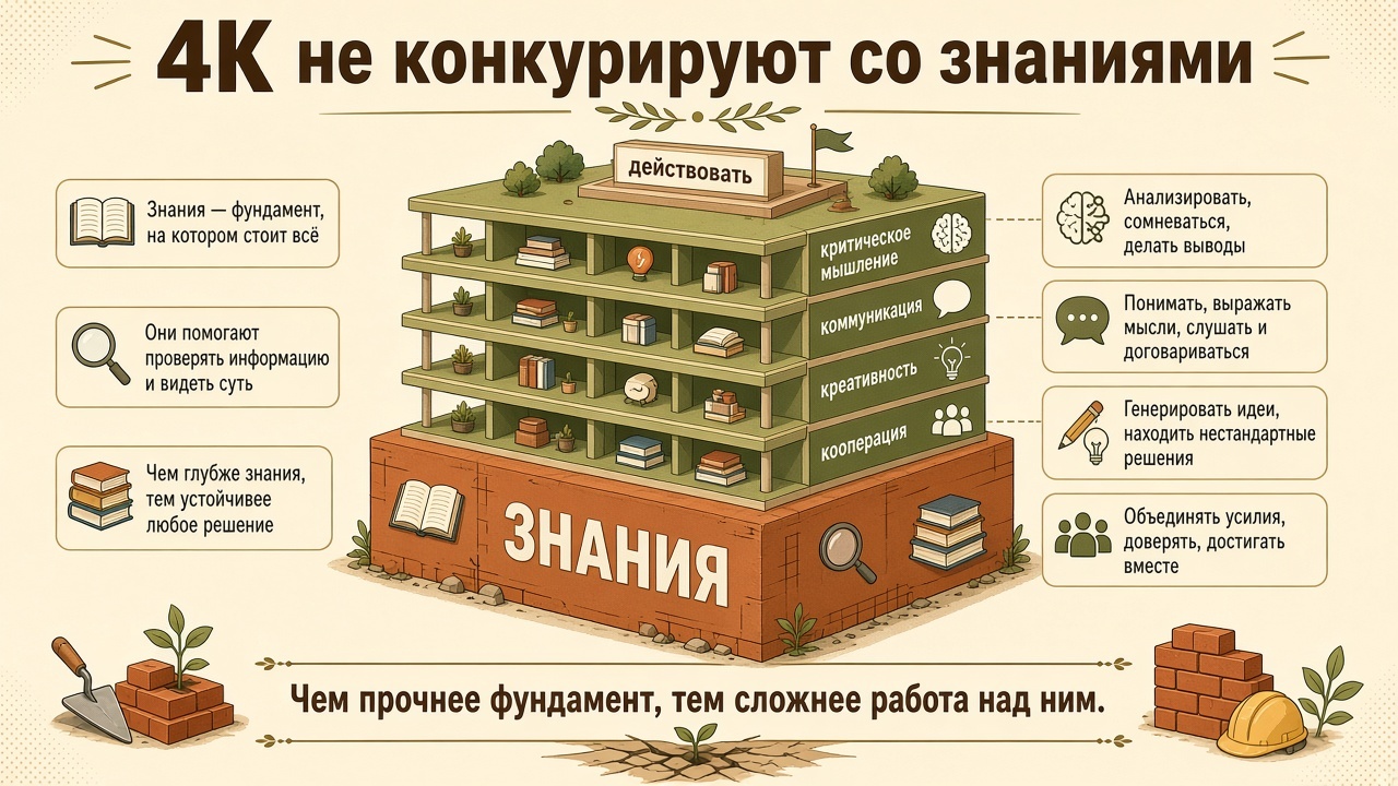 Конструкция обучения: фундамент — знания, на нём строятся навыки 4К
