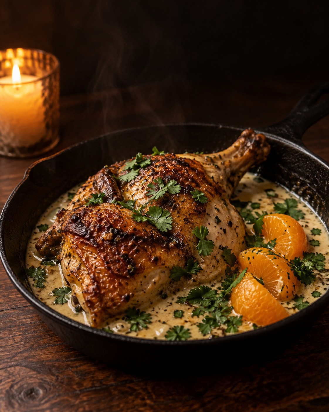 Half a roast chicken with crisp golden skin in a garlic cream sauce, scattered with cilantro and parsley, mandarin segments on the side, by Miami private chef Marina Staver