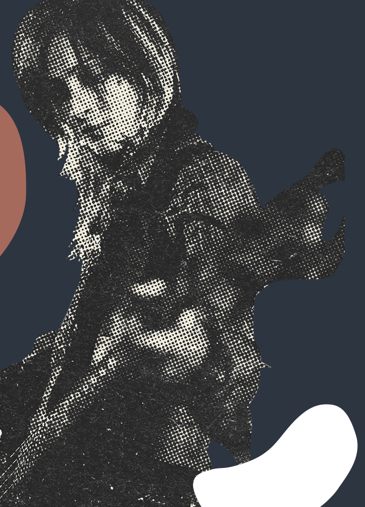 Стилизованный портрет гитариста в движении: графическая иллюстрация в альтернативном рок-стиле, выразительная фактура, темный фон, энергия живого выступления и образ современного музыканта.