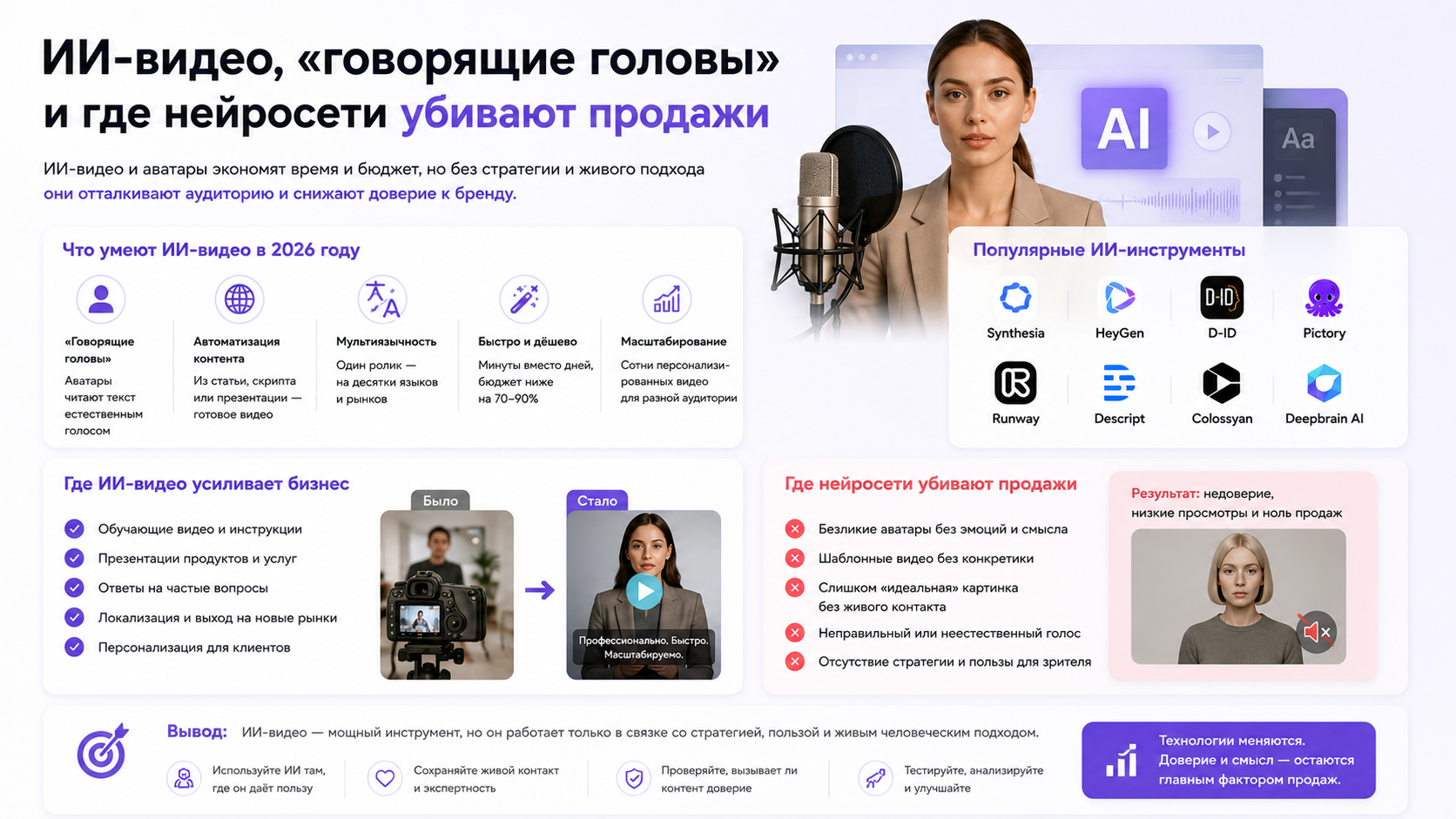 Применение ИИ-видео и цифровых аватаров в маркетинге. Сравнение преимуществ автоматизации видеоконтента и рисков потери доверия клиентов при чрезмерном использовании нейросетей.
