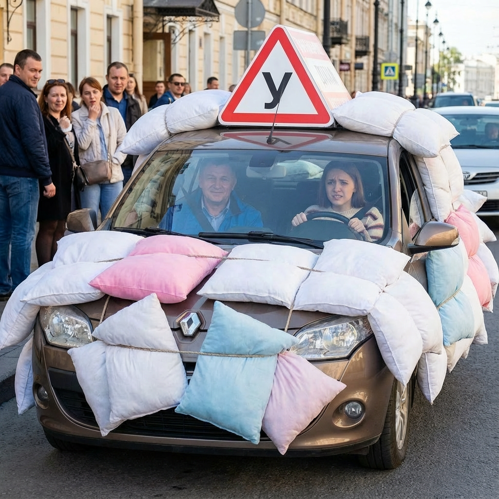 Учебный автомобиль с подушками и знаком «У» — юмористическое изображение первого урока вождения. Категория В