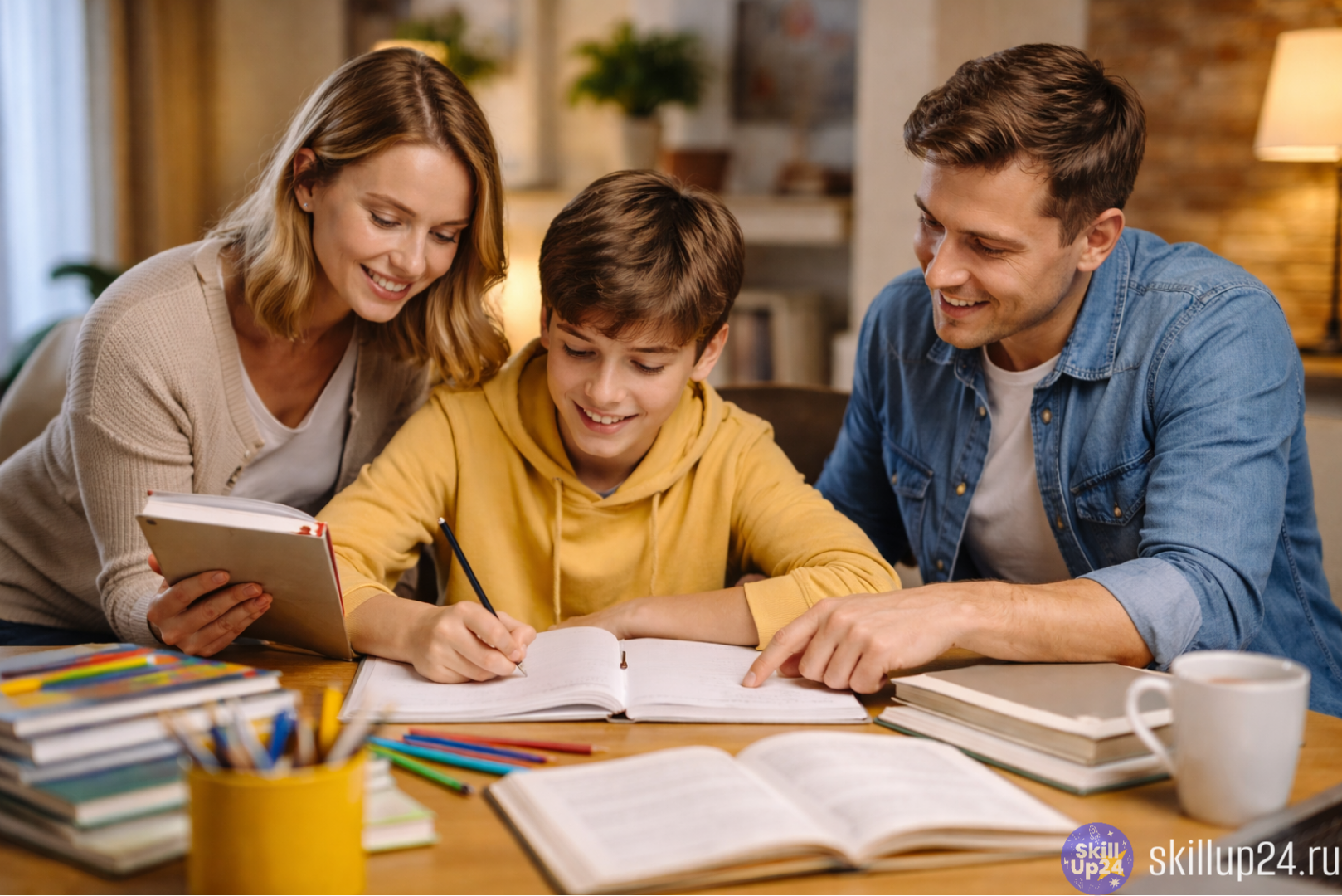 Семейная сцена дома — ребёнок за учебниками, родители рядом помогают и поддерживают без давления, тёплый домашний свет. Иллюстрация идеи, что успехи ребёнка в учёбе — результат совместной работы семьи и внимательного участия родителей. Онлайн-школа SkillU