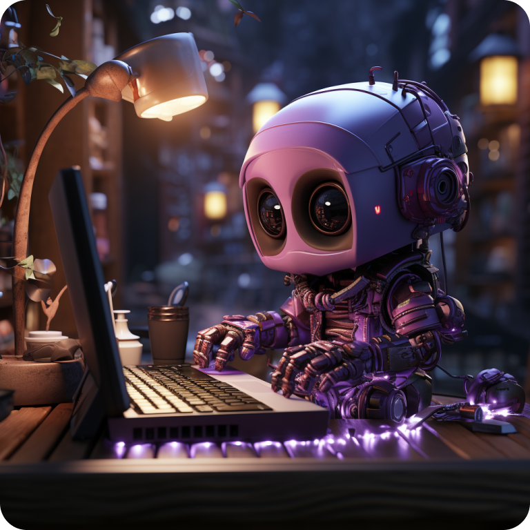 маленький робот с большими круглыми глазами, сидящий за столом и работающий на ноутбуке. 