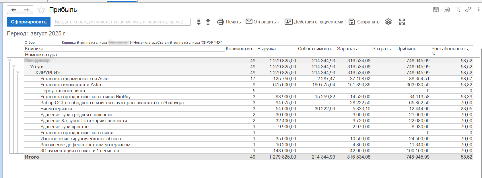 отчёт из 1с стоматологии прибыль
