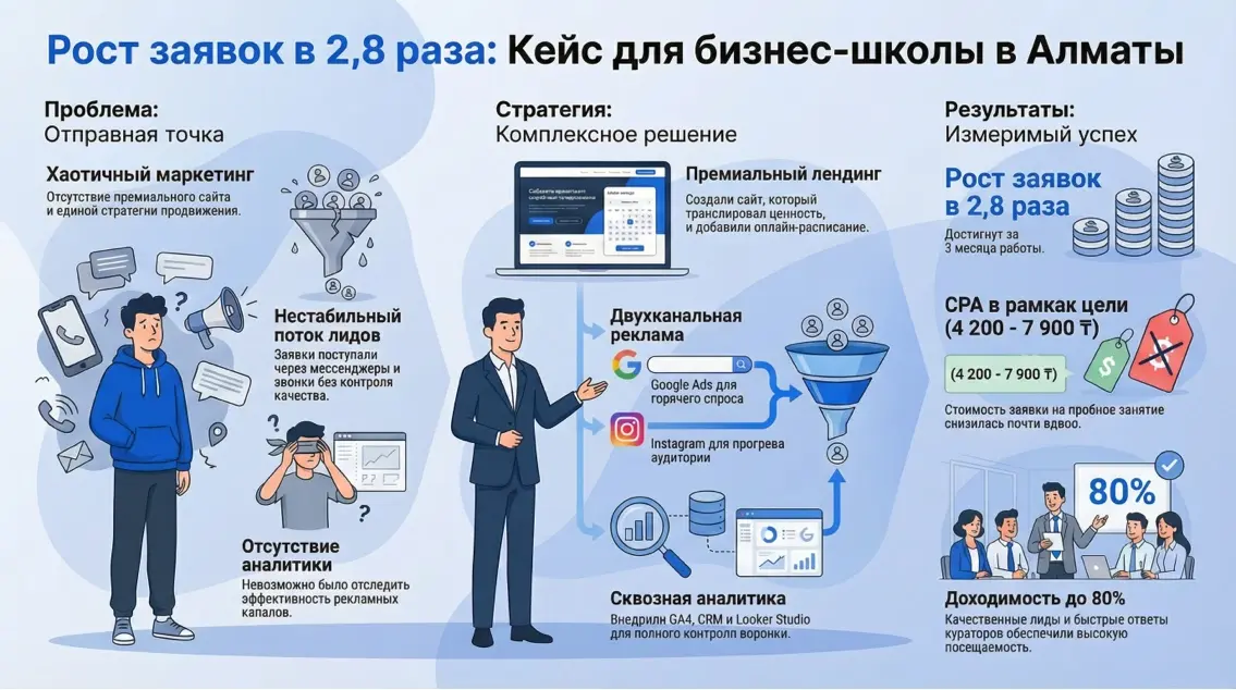 Инфографика: Рост заявки в 2,8 раза - Кейс для бизнес-школы в Алматы