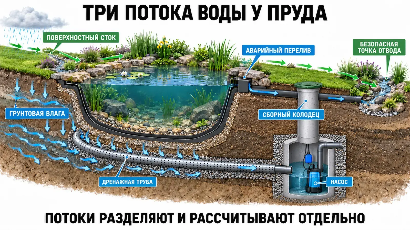 Схема поверхностного стока, дренажа и аварийного перелива пруда