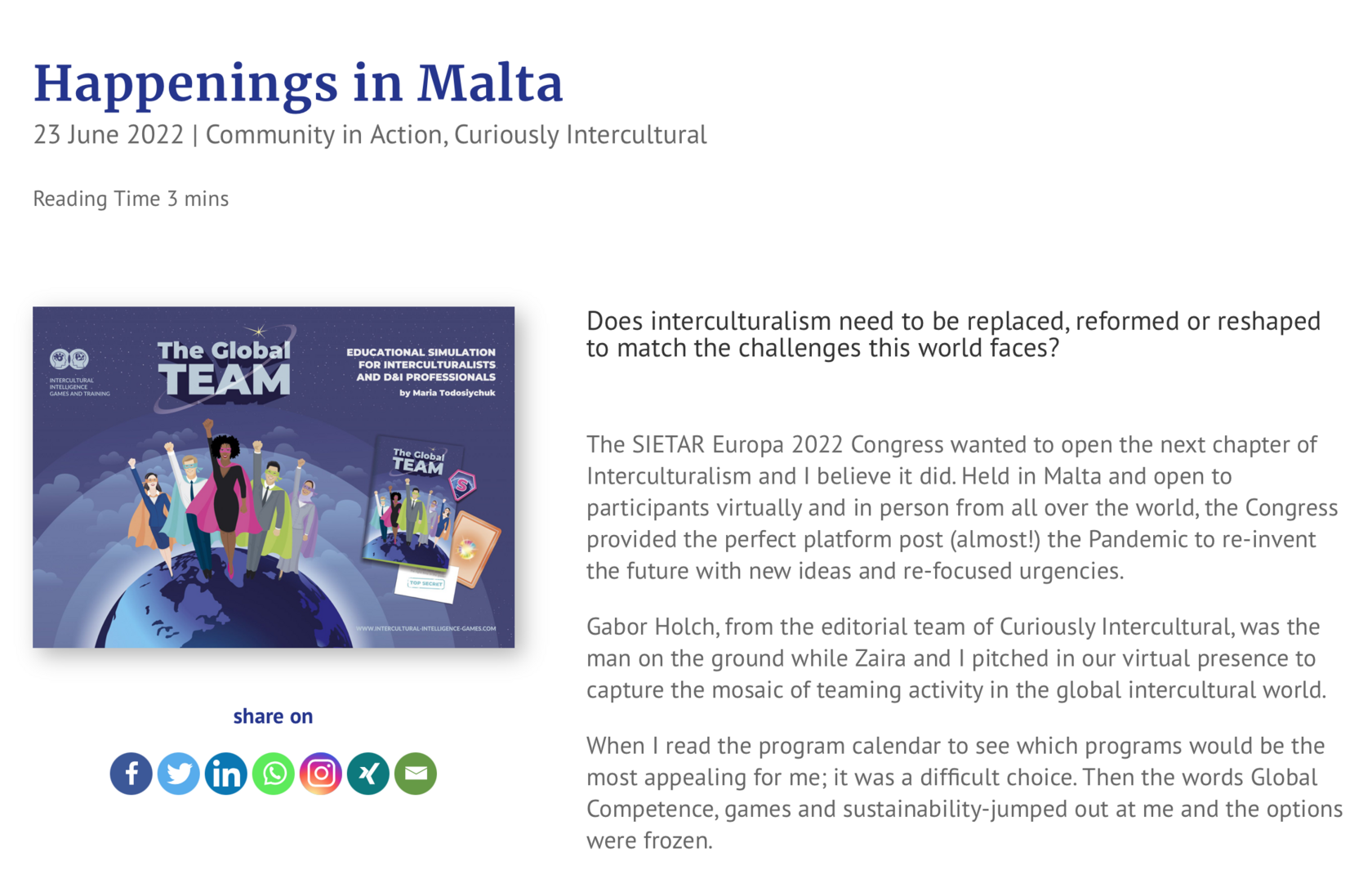 Фрагмент репортажа Happenings in Malta о игре The Global Team Марии Тодосийчук на конгрессе SIETAR Europa