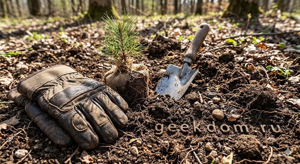 Саженец дерева и садовые перчатки на плодородной почве.