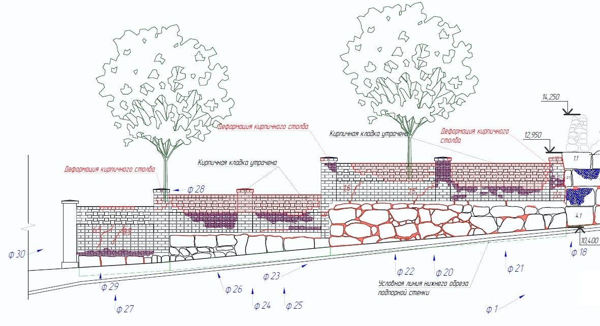 Фрагмент схемы расположения дефектов подпорной гранитной стенки 