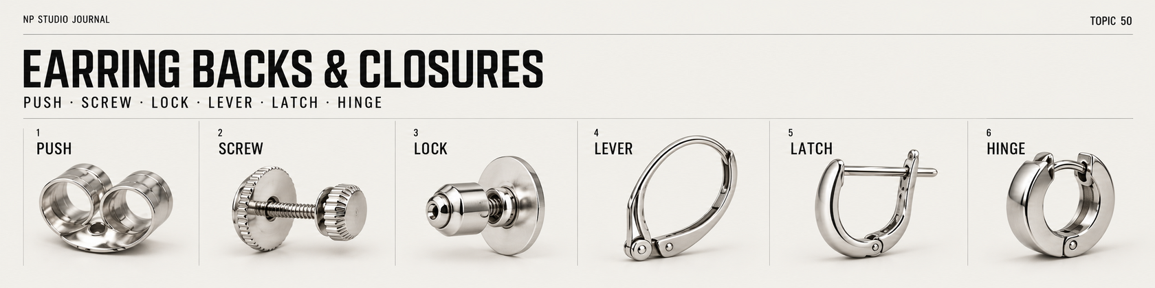 Educational diagram of earring backs and closures: push, screw, lock, lever, latch and hinge; generic visual, not an NP Studio product