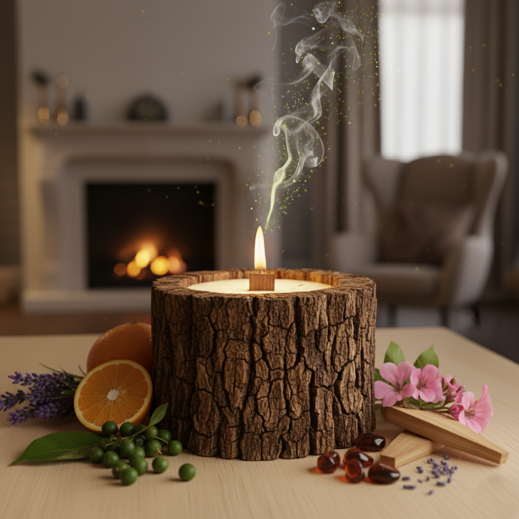Аромасвеча в спиле дерева с ароматом Бархатное дерево