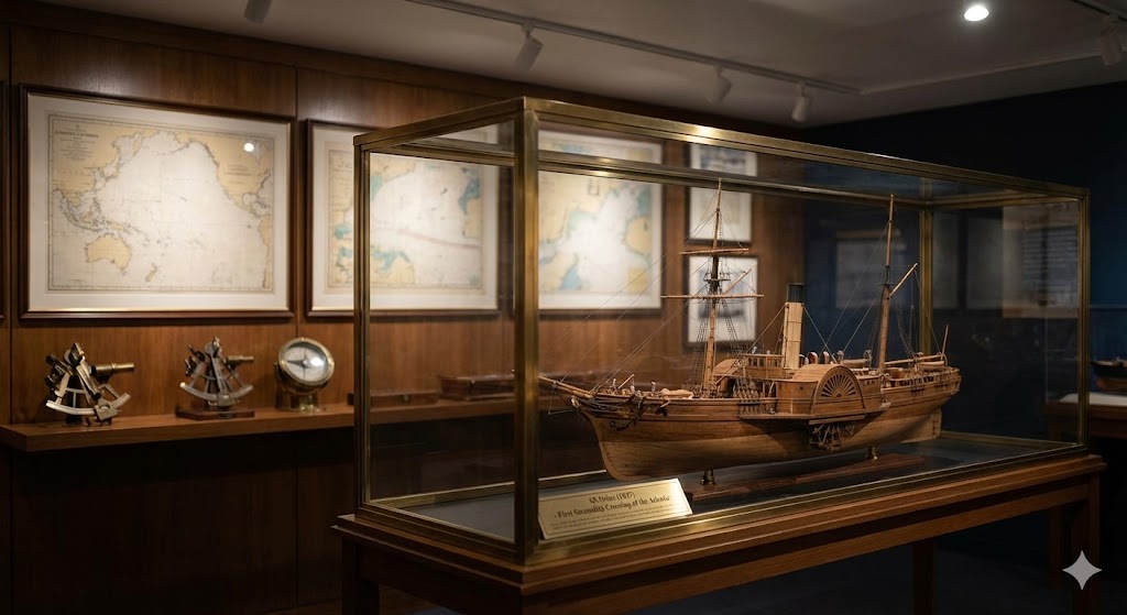 Модель парохода Сириус и старинные навигационные карты в музее 