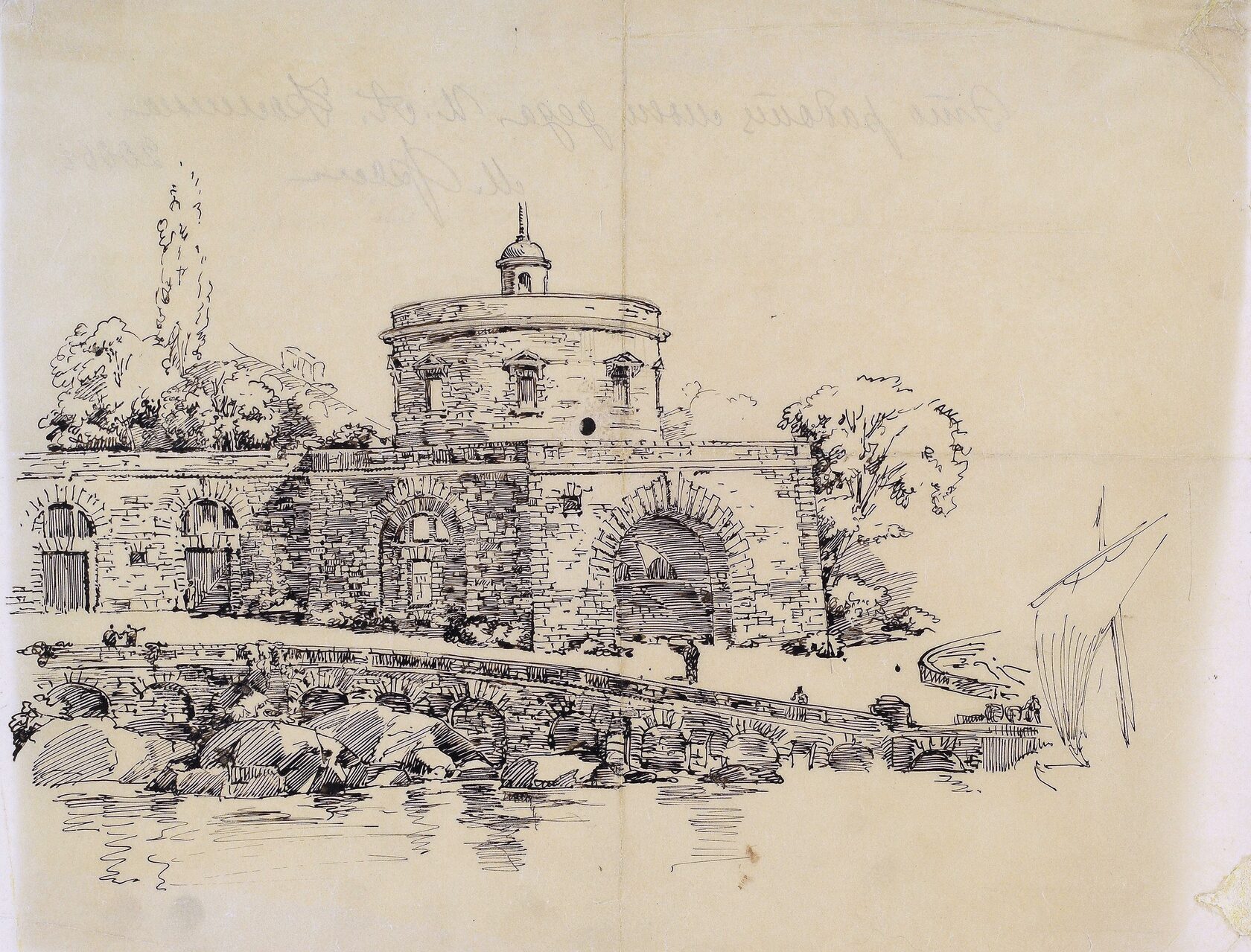 Курорт Ласпи в Крыму. Вид с моря. Башня порта. Эскиз. 1916 