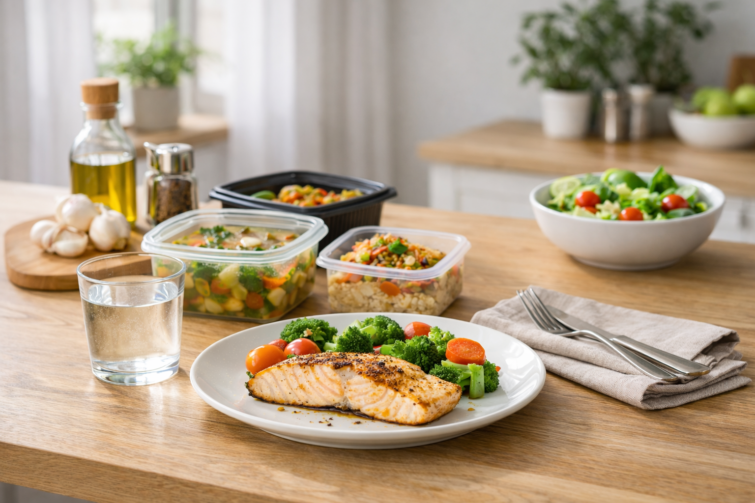 План питания перед операцией: лёгкий ужин с рыбой и овощами и заранее приготовленные блюда для восстановления.