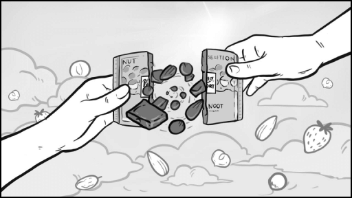 Раскрытие шоколадного совершенства – Иллюстрация из брендового сторителлинга: шоколад ломается, выпуская орехи и кусочки. Внутренний мир Ritter Sport, креативный маркетинг, насыщенный вкус