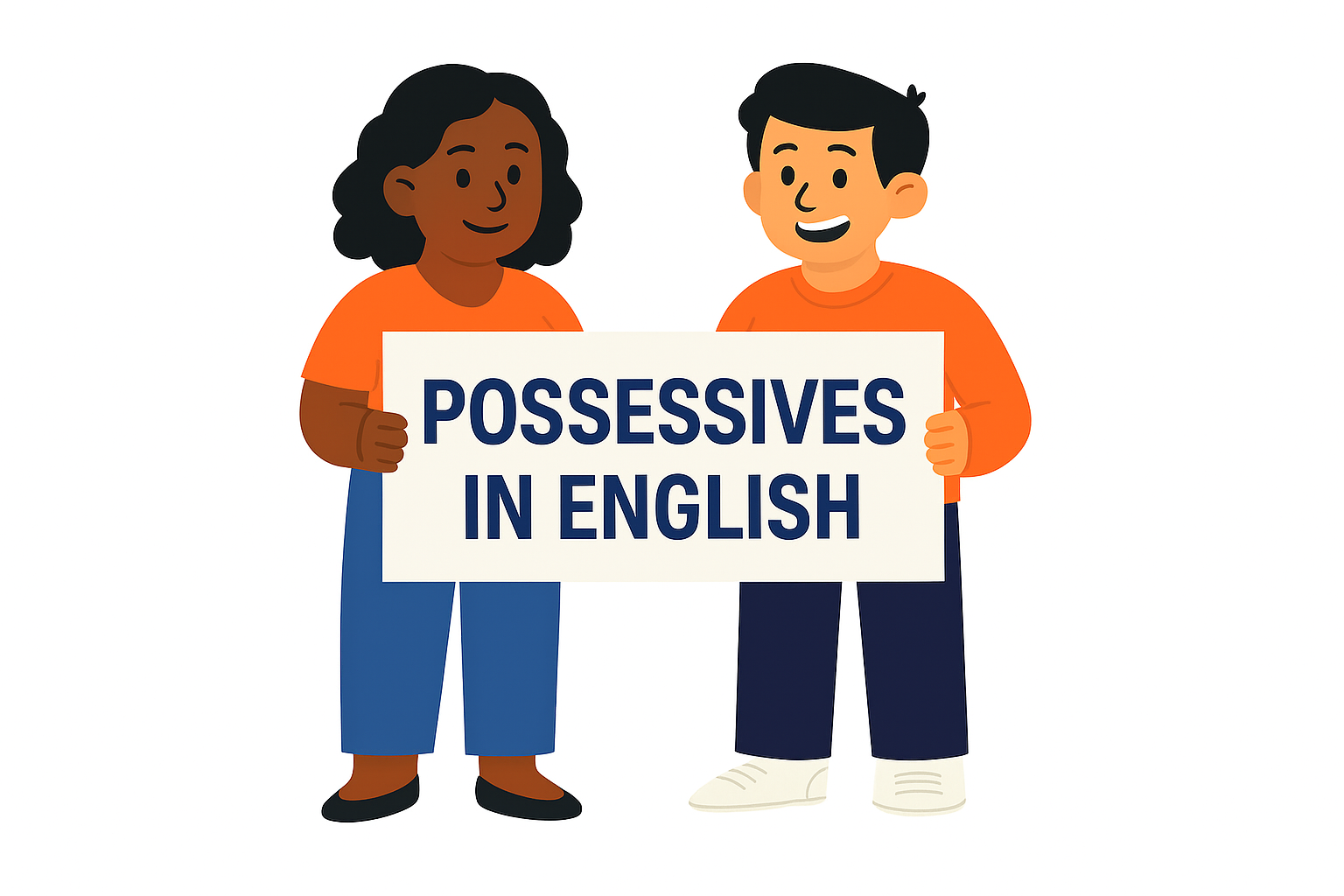 Два персонажа в мультяшном стиле держат табличку с надписью 'Possessives in English' — визуальное представление притяжательных прилагательных и местоимений