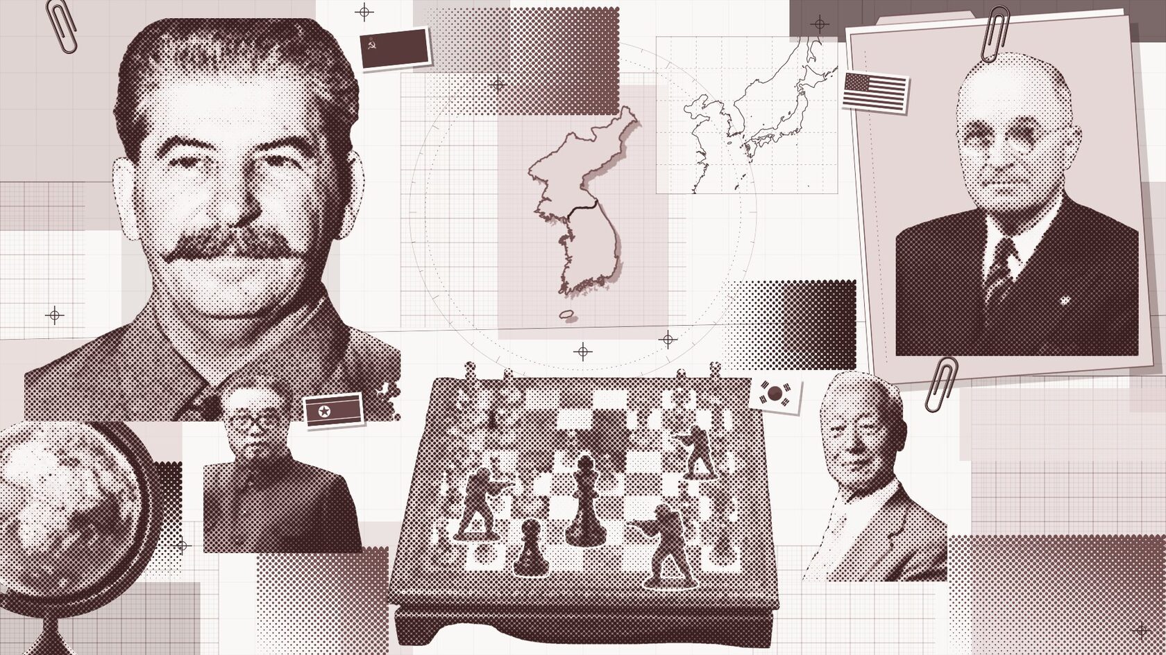 Коллаж: карта Корейского полуострова, шахматная доска с солдатиками, флаги и портреты политиков