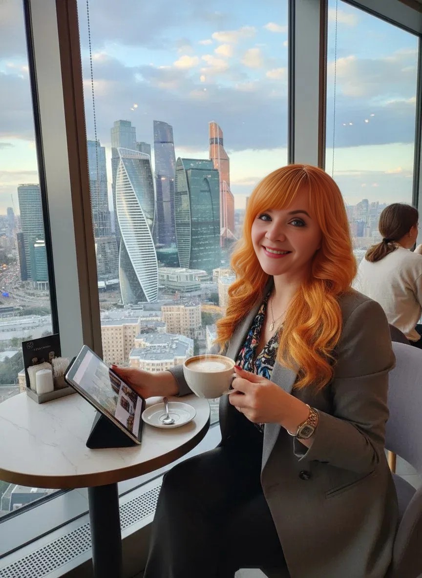 Рыжеволосая девушка сидит за столиком в кафе, в одной руке чашка кофе, в другой планшет. На заднем фоне вид из панорамных окон на Москва - Сити