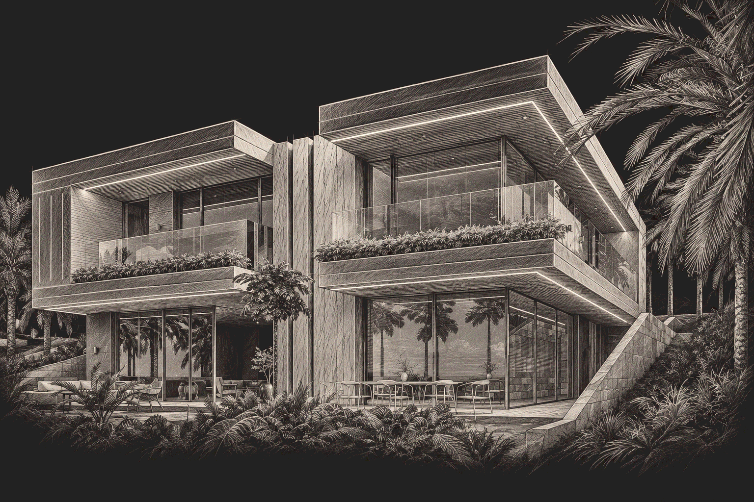 Architectural pencil sketch of BEL VILLA