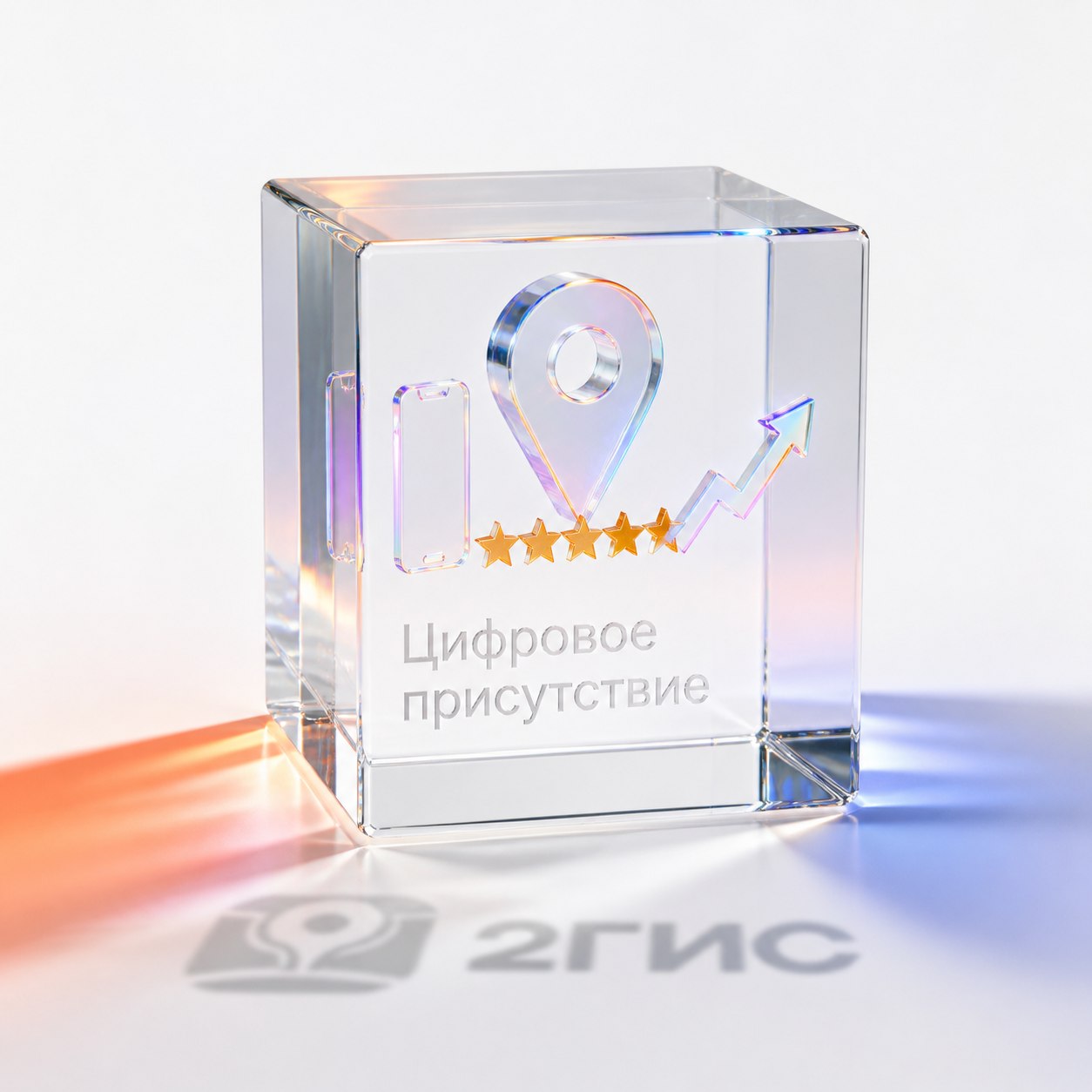 Студийная 3D композиция с акриловым кубом и голографическими элементами на тему Цифровое присутствие