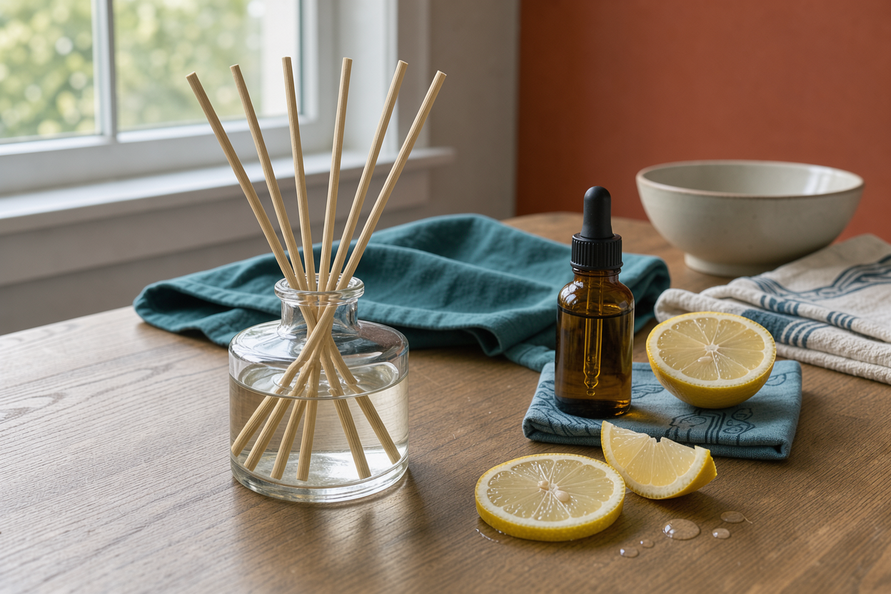 glass bottle with reed sticks placed on a wooden table next to a small dropper bottle of essential oil and sliced lemon, bright natural light