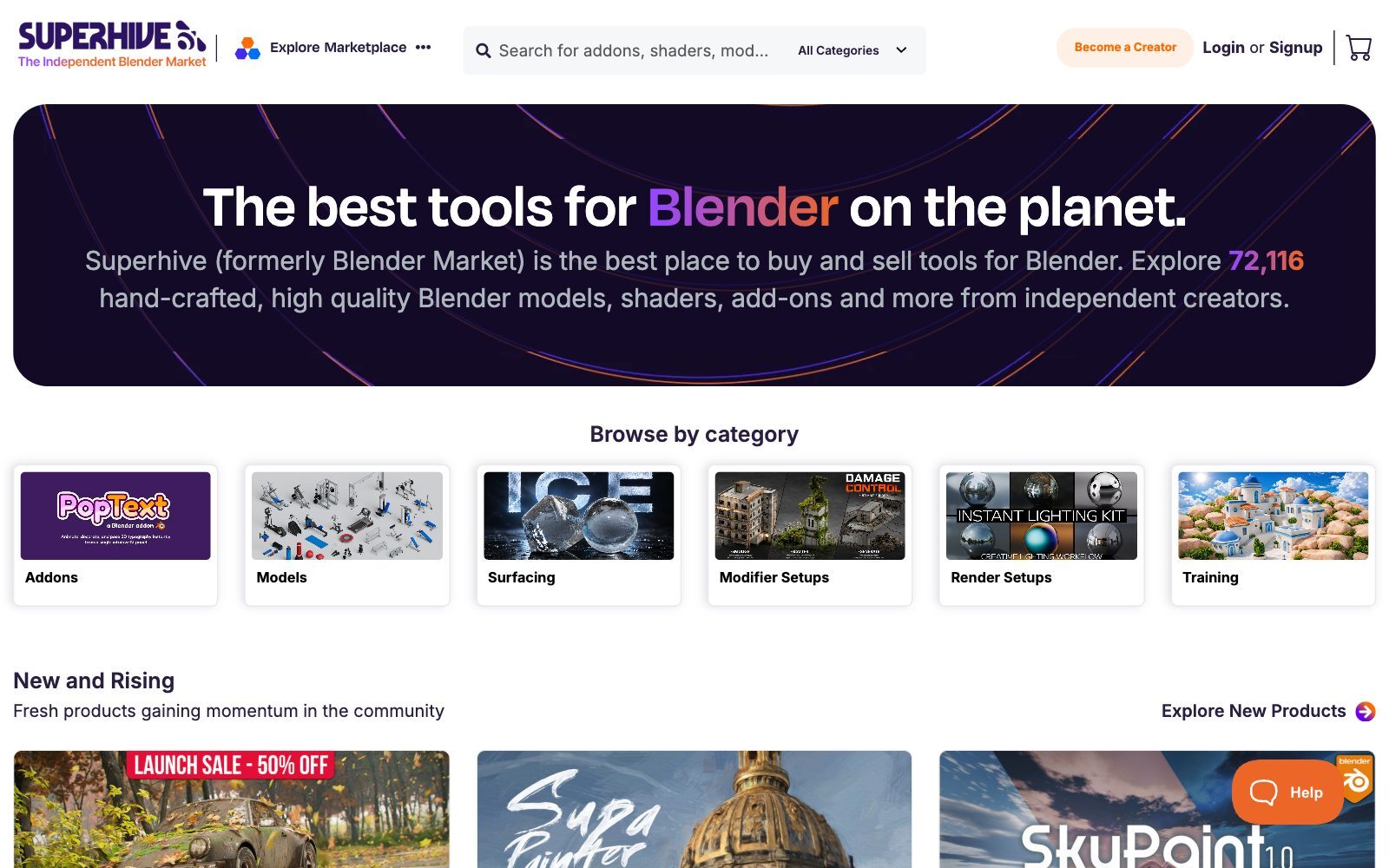 Screenshot of the Superhive homepage, formerly Blender Market, with the headline The best tools for Blender on the planet, a search bar and categories such as Addons, Models, Surfacing and Training